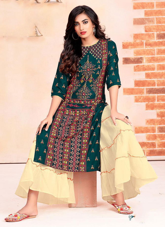 Heavy Rayon Stylist and fancy Kurtis With Plazzo, Pants and Sharara Collection 